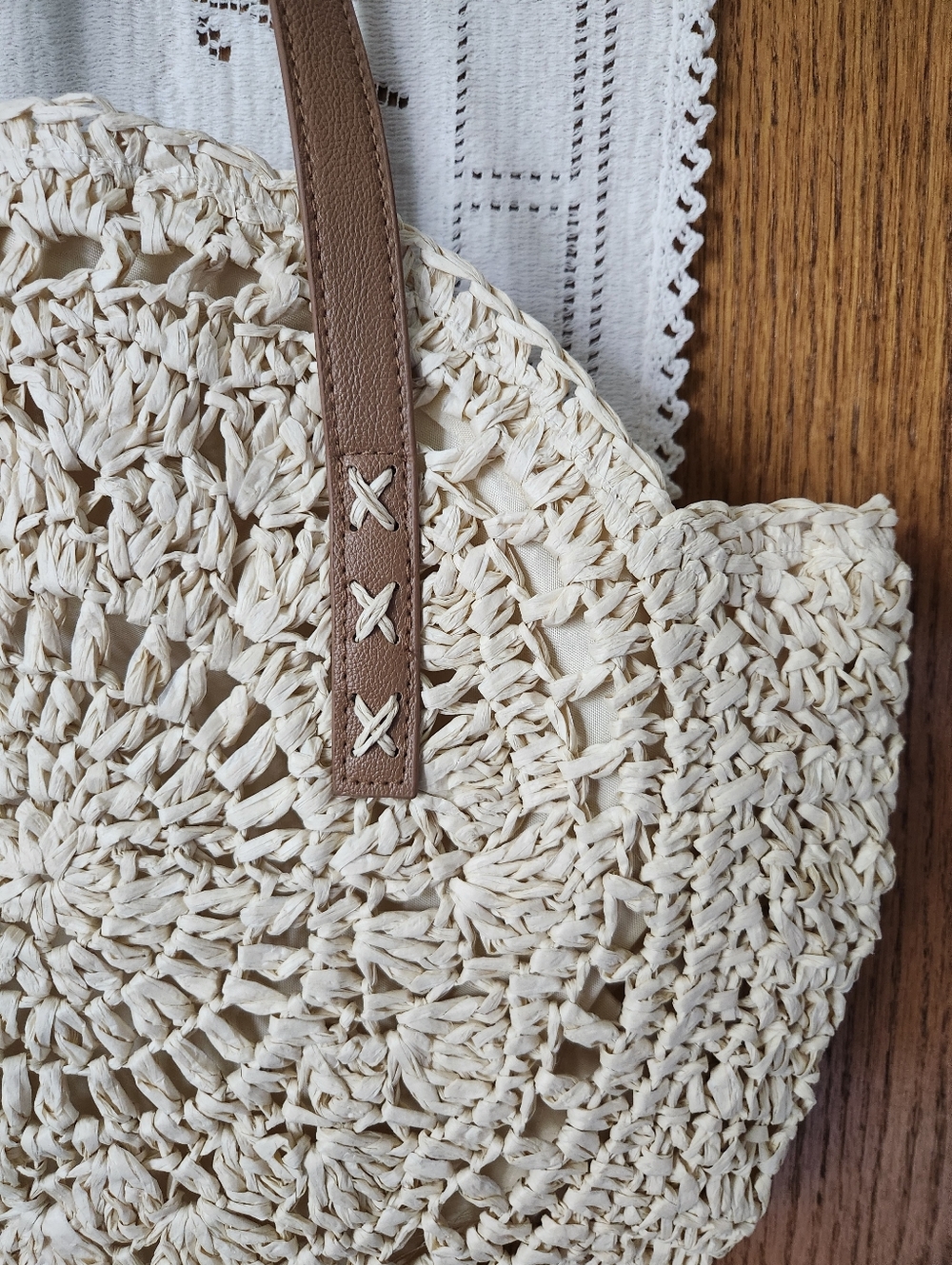 Woven Rattan Round Straw Tote Bag with Brown Handles - Picture 3 of 8